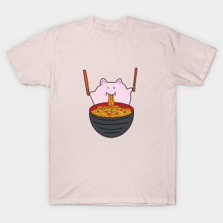 cute fat pink mice eating ramen noodles T-Shirt